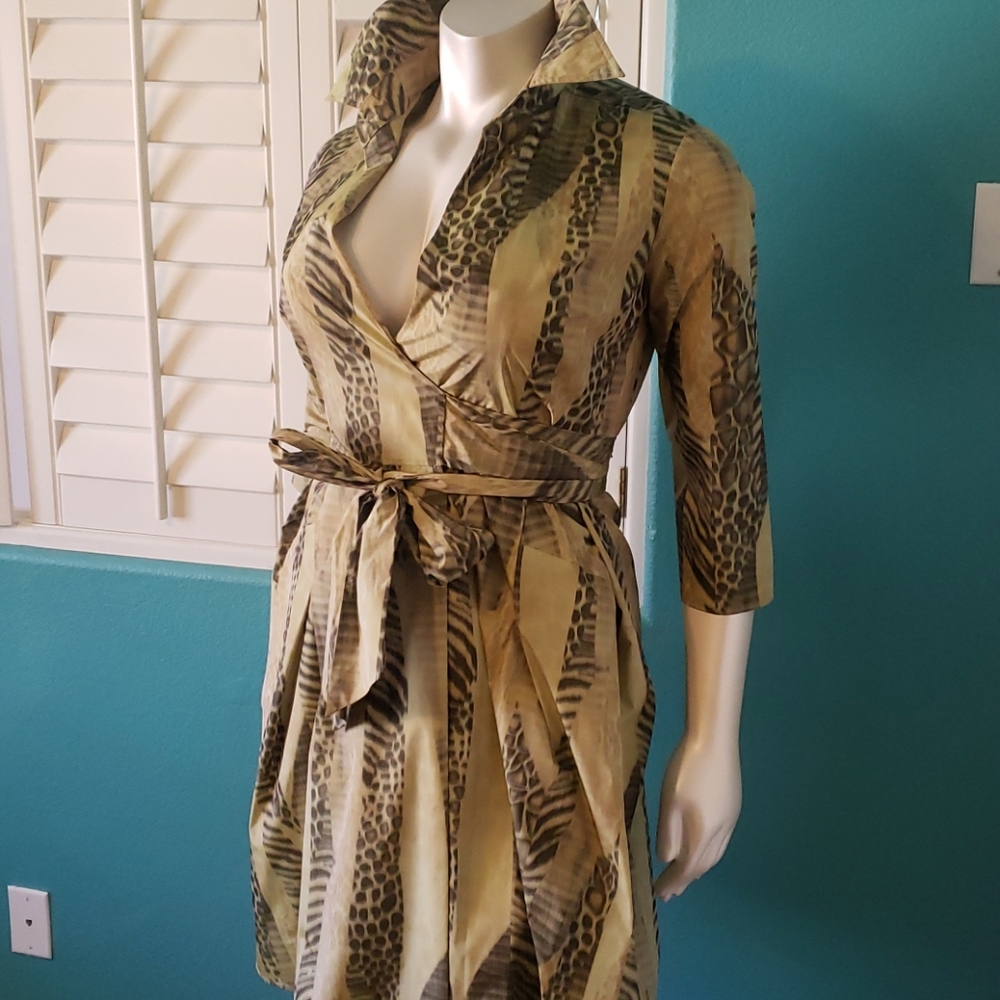 Taffeta olive green wrap dress size 10.